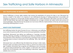 [ai] An informational document titled 'Sex Trafficking and Safe Harbors in Minnesota.' The text discusses human trafficking, its definition, and legal definitions regarding sexual exploitation of minors in Minnesota.